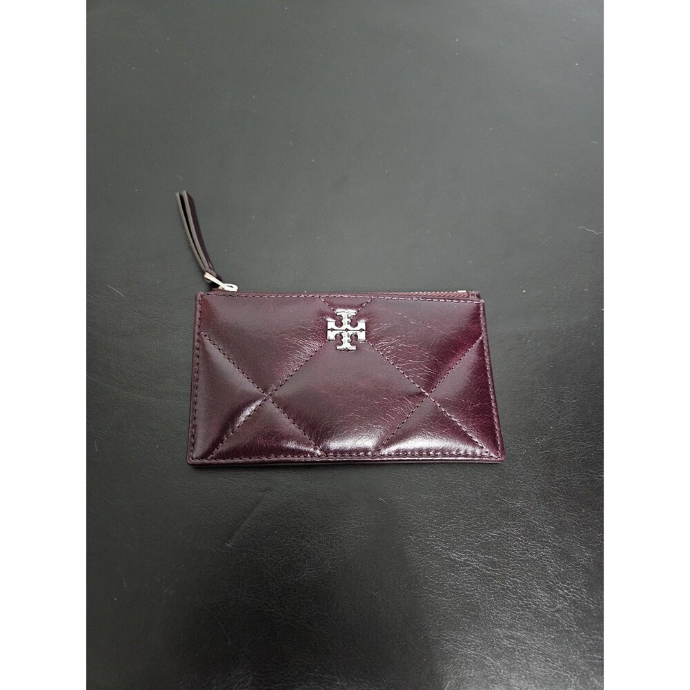 Tory Burch Kira Diamond Quilt Distressed Small Zip Card Case In Dark Carmine